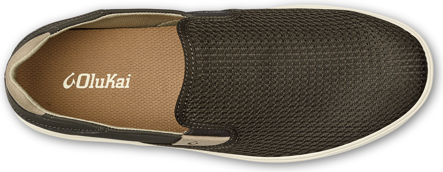 Slip-on shoe with tan interior and 'OLUKAI' logo.