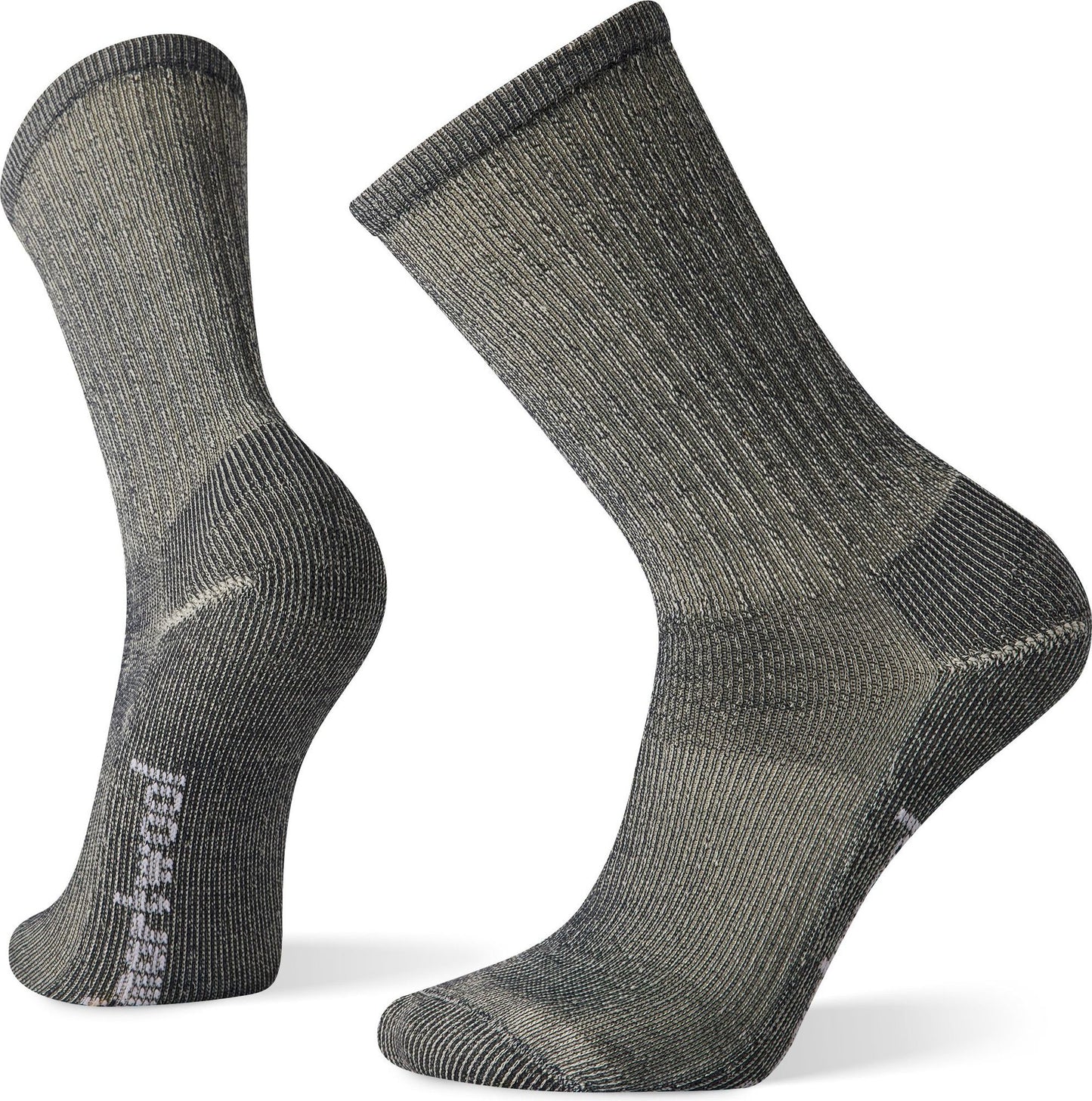 Two wool socks in a neutral gray color. They feature ribbed detailing and text reading "smartwool" on the side of one sock.