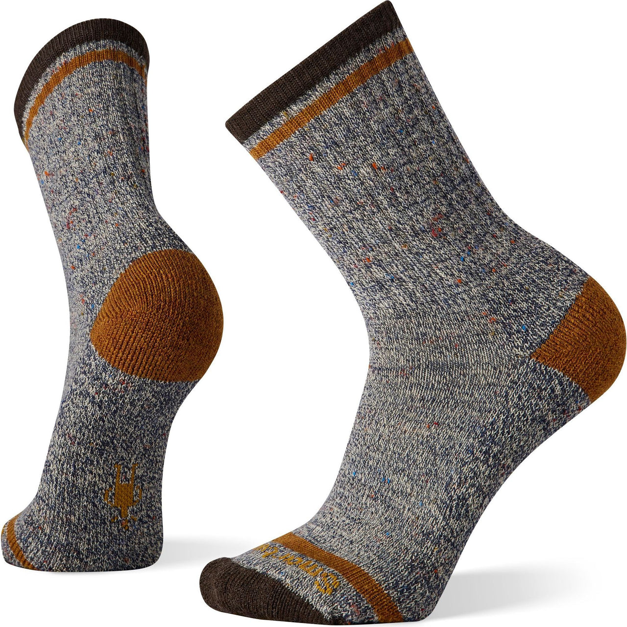 Two heathered-grey wool socks with brown heel, toe, and top band, and orange band below the top band.