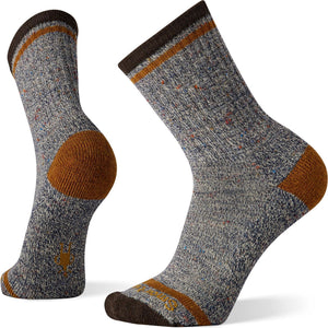 Two heathered-grey wool socks with brown heel, toe, and top band, and orange band below the top band.