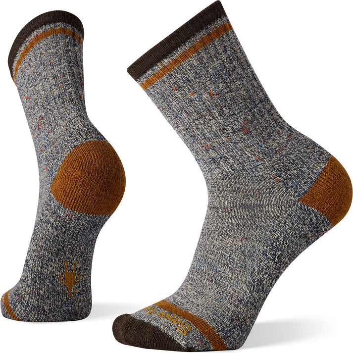 Two heathered-grey wool socks with brown heel, toe, and top band, and orange band below the top band.