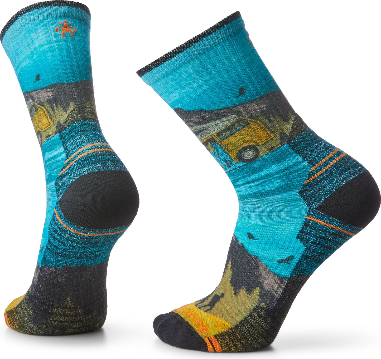 Pair of crew socks with a blue and green scenic design featuring a yellow van and tent.