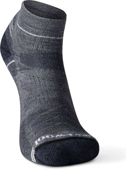 Gray ankle sock with white stripes.