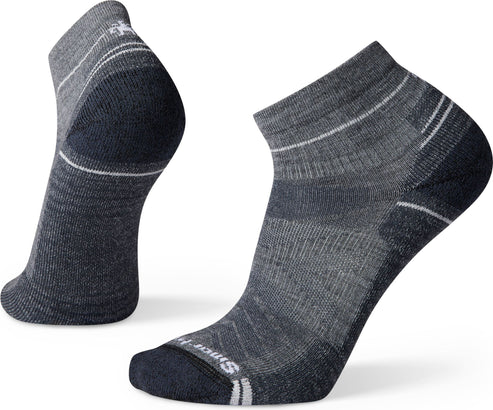 Two low-cut gray socks featuring white stripe accents.
