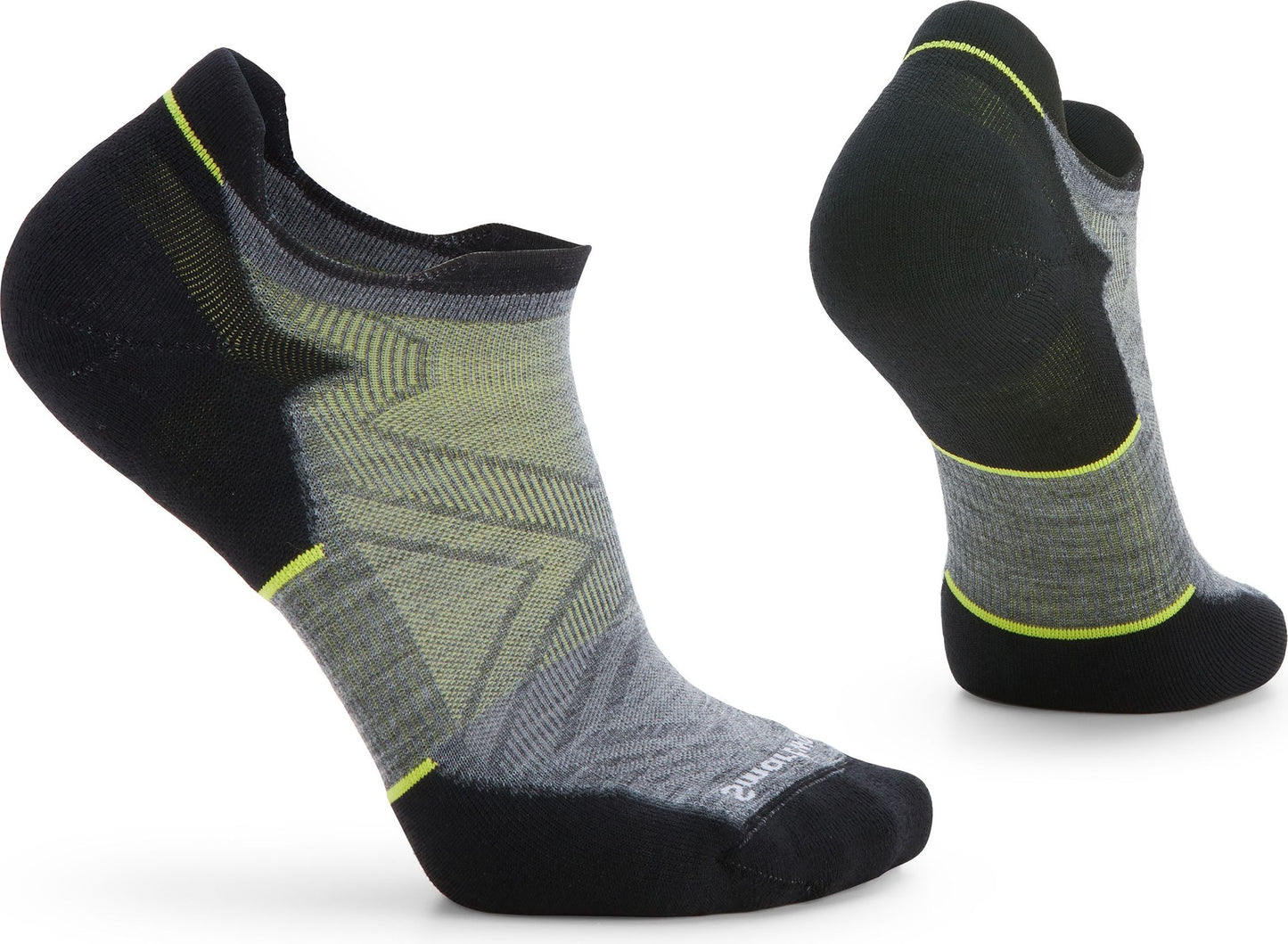 Two low-rise athletic socks, one angled showing the side and one standing on its heel, are black on the heel and toe, grey on the instep with a lime green stripe at the heel and the toe.