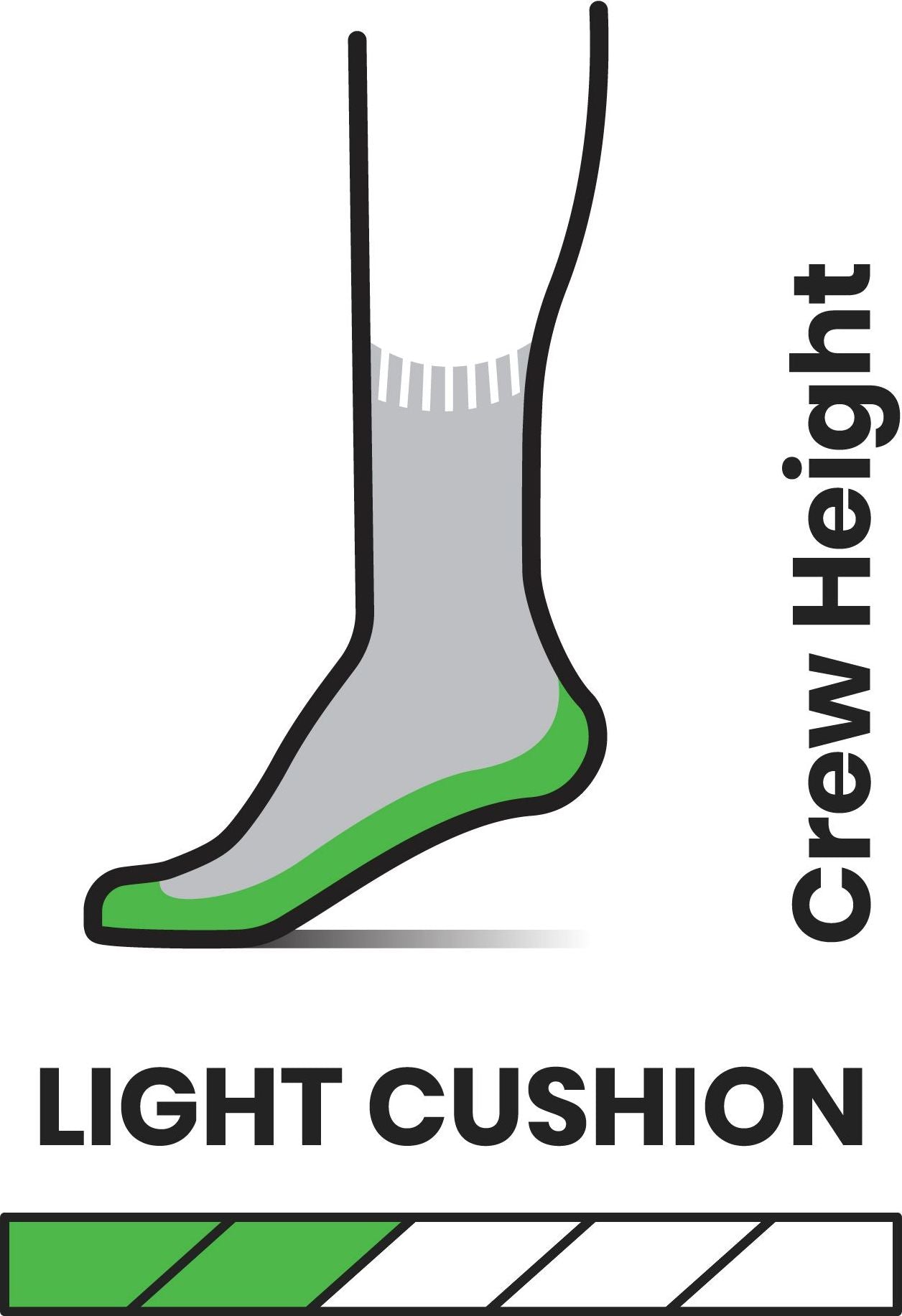 Sock with crew height and light cushion with a green bar showing the lightness.