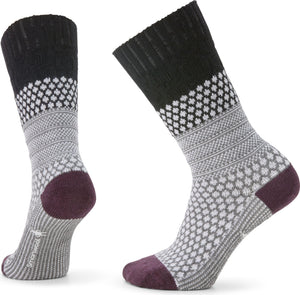 Pair of wool socks with a black cuff, a white and gray geometric band, and a dark red heel and toe.