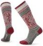 Pair of knee-high socks with an intricate red and gray pattern on a cream background.