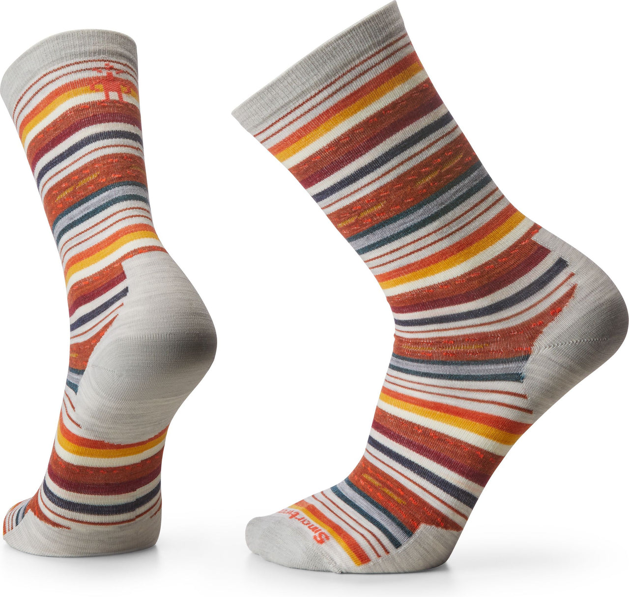 Two striped crew socks, gray cuff, heel, and toe, with horizontal stripes of orange, white, brown, and gray.