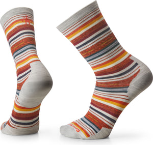 Two striped crew socks, gray cuff, heel, and toe, with horizontal stripes of orange, white, brown, and gray.