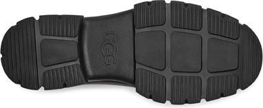 The sole of a dark colored shoe with an UGG logo in the center.