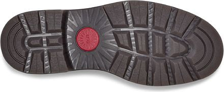 The shoe outsole has a lug pattern and a red logo in the center.