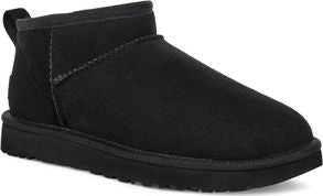 Black UGG ultra mini boot, a short rounded boot with a loop at the back.