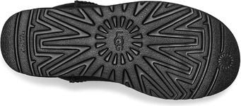 Black shoe sole with zig-zag pattern and circle with logo in the middle.