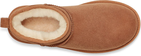 Chestnut UGG boot with white lining, seen from above.