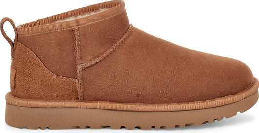 Chestnut UGG boot with low shaft, and pull tab.