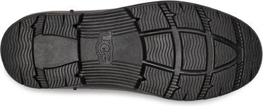 The sole of a black shoe. The sole features a pattern of horizontal and vertical lines, as well as a textured surface for traction. The word "UGG" is visible in the middle of the sole.