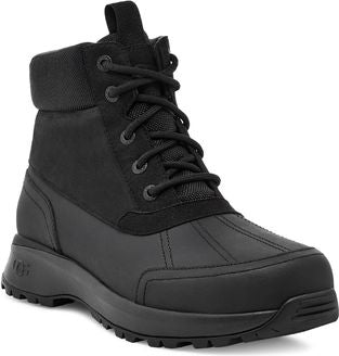 Black, lace-up, mid-rise rain boot with round toe and rugged sole.