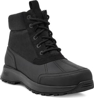 Black, lace-up, mid-rise rain boot with round toe and rugged sole.