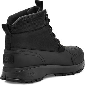 A black, high-top work boot with a rubberized sole and toe.