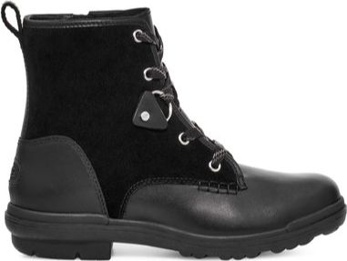 Black ankle boot with suede and leather upper, lace-up closure, and round toe.