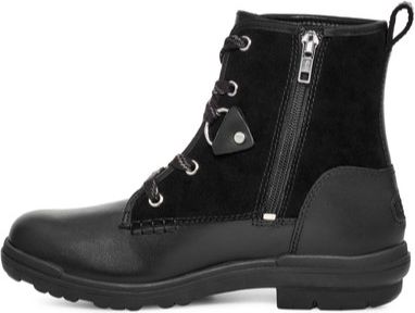 Black leather and suede ankle boot with lace-up front and side zipper.