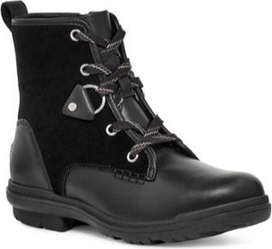 Black ankle boot with black suede and leather paneling, and lace-up closure with metal eyelets.