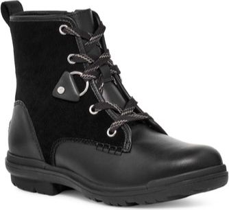 Black ankle boot with black suede and leather paneling, and lace-up closure with metal eyelets.
