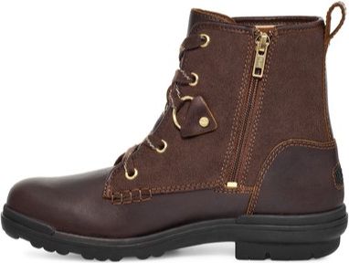 Low, brown leather boot with laces and a zipper.