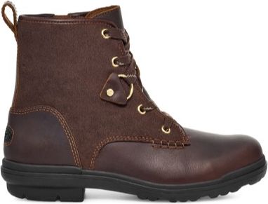 Brown ankle-high lace-up boot with gold eyelets.