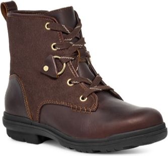 Brown leather lace-up ankle boot with gold accents and a black sole.