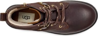 Dark brown leather ankle boot with laces and gold eyelets.