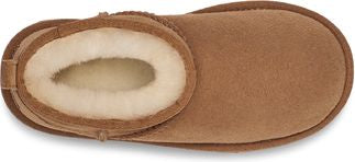Top-down view of a brown slipper with plush white lining.