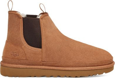 Ankle-high Chelsea boot in light brown suede with a brown elastic side panel and pull tabs.