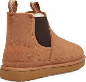 Tan ankle boot with brown elastic side panels, brown rubber sole, and pull tab.