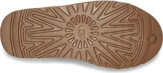 The sole of a shoe has a circular pattern with the letters "UGG" in the center, surrounded by ridges.