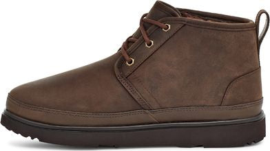 Brown leather chukka boot with laces and pull tab.