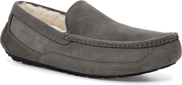 A gray suede loafer slipper with a dark sole.