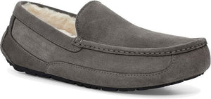 A gray suede loafer slipper with a dark sole.