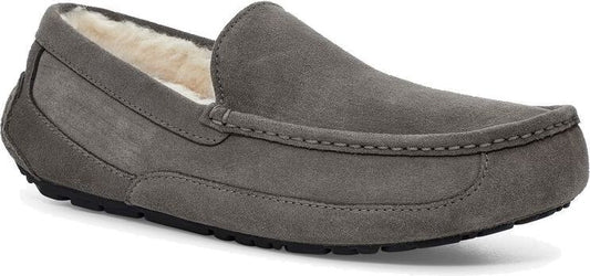A gray suede loafer slipper with a dark sole.