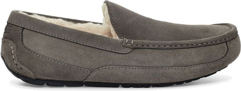 A gray suede slipper with a soft, white lining.