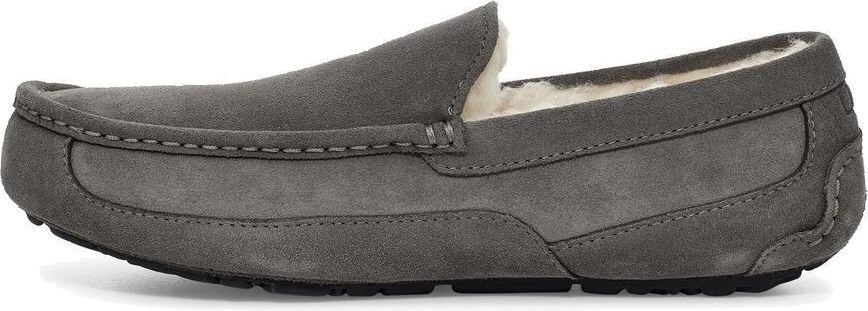 Gray suede loafer with shearling lining.