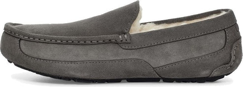 Gray suede loafer with shearling lining.