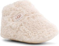 Ivory fuzzy baby bootie with logo.