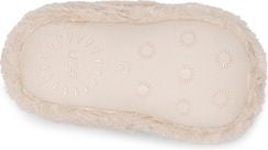 Beige slipper with fur-like trim and flower-patterned sole.