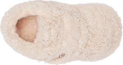 Fuzzy, tan, closed-toe slipper.