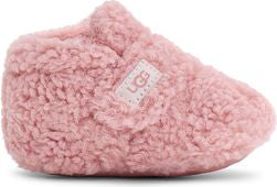Pink soft plush baby slipper with hook and loop fastener.