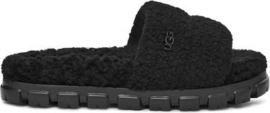 Black fuzzy slide with platform lug sole.