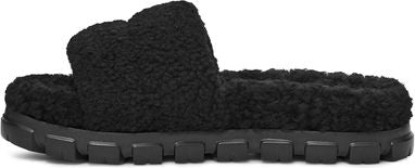A black, fluffy, open-toed slipper with a thick, lugged sole.