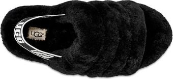 Black furry slipper with logo on the strap.